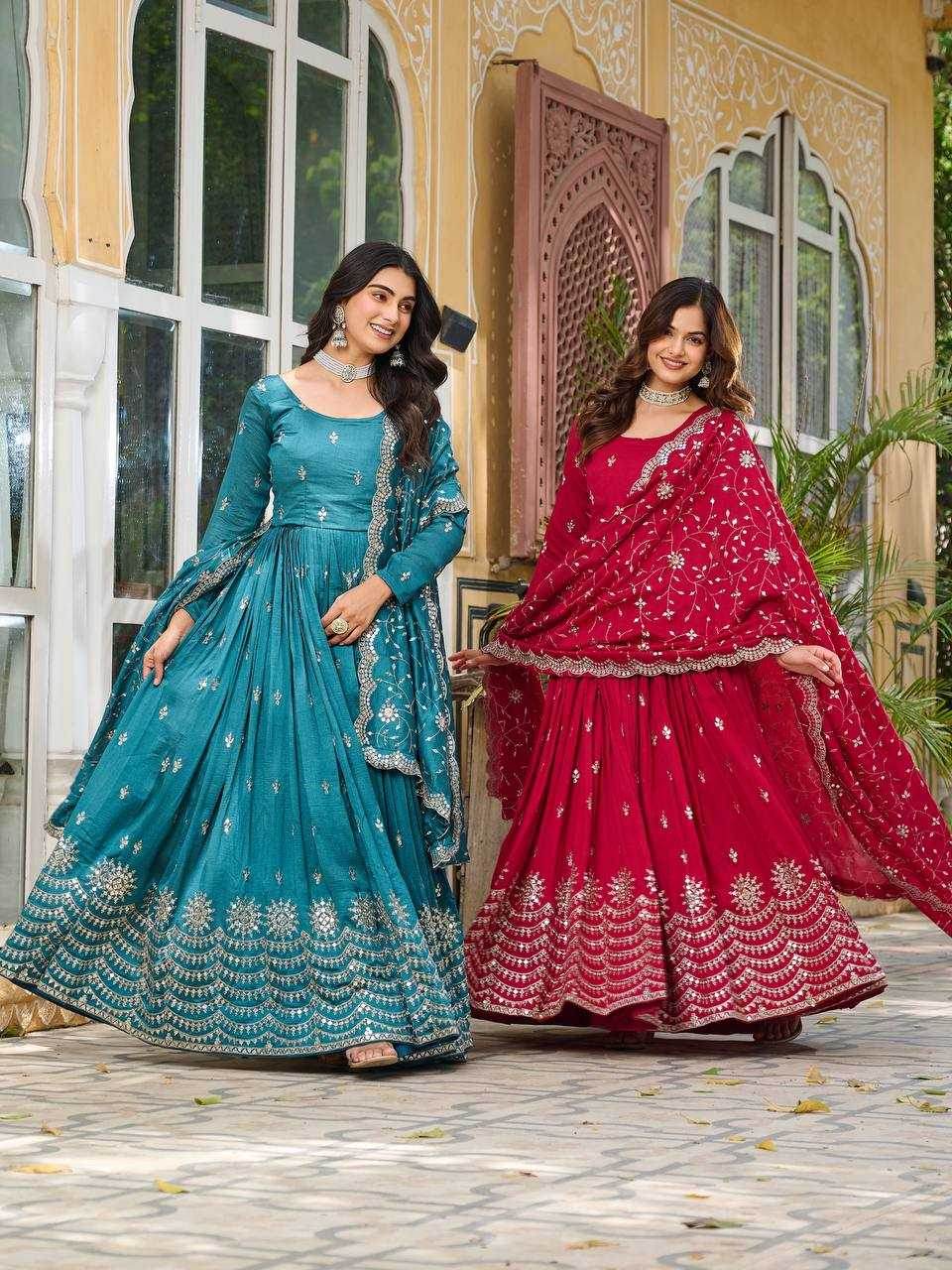Vichitra Silk Embroidery Long Gowns - MYLUXURY LANE ENTERPRISE